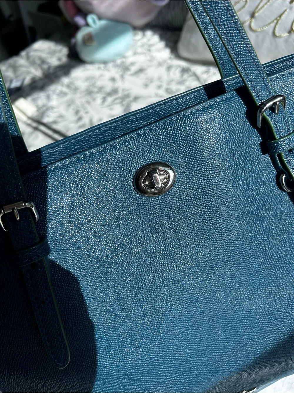 Blue Leather Tote Bag with White Trim